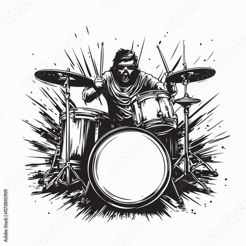 Drummer image vector.  Confident young male drummer playing the drums energetically.