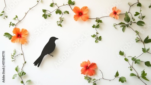 Floral frame with bird silhouette.  Fresh, spring, nature, blossom, decorative, 