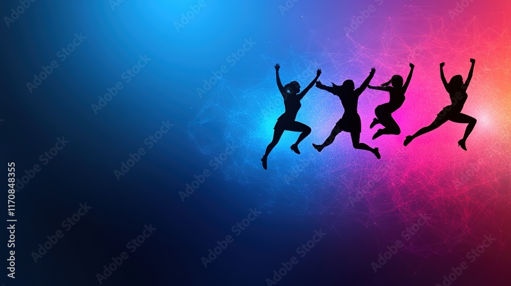 Fototapeta premium Joyful Silhouettes of People Jumping Against a Colorful Background