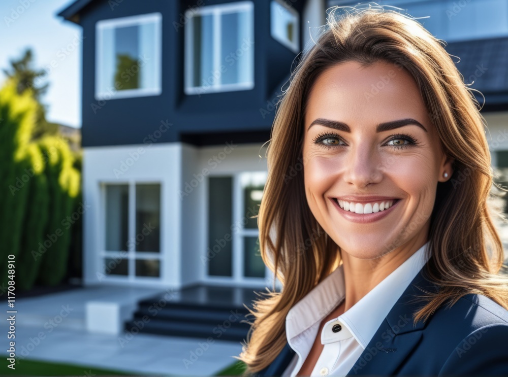 Smiling woman stands in front of modern home showcasing professional appearance and welcoming demeanor Smiling woman stands in front of modern home showcasing professional appearance and welcoming demeanor