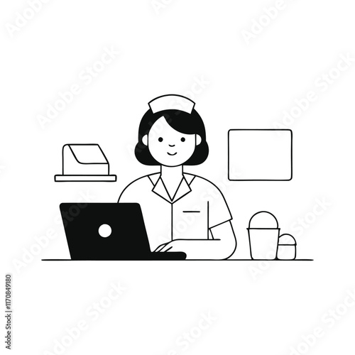 Nurse focused on a computer, diligently managing patient information and healthcare tasks in a clinical setting Hand drawn Doodle line art flat vector illustration on white background