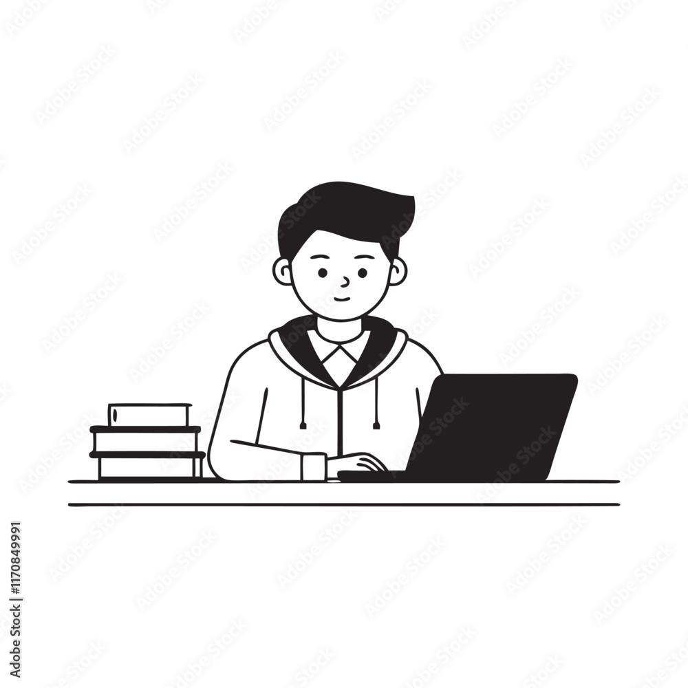 Young man in a school uniform is focused on his laptop, engaged in academic work at a study desk tasks Hand drawn Doodle line art flat vector illustration on white background. Young man in a school uniform is focused on his laptop, engaged in academic work at a study desk tasks Hand drawn Doodle line art flat vector illustration on white background.