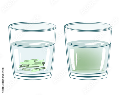 Soluble Tofu Litter Pellets in glass of water, before and after illustration. Concept of organic eco friendly flushable cat toilet filler. Vector isolated drawing.