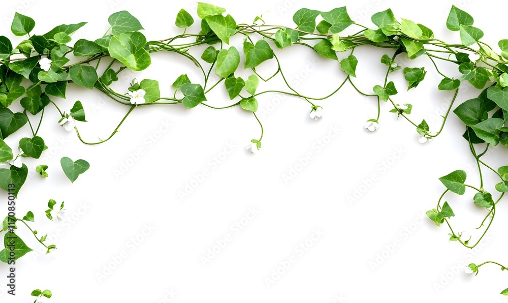 Ivy vine border with small white flowers on white background. Ivy vine border with small white flowers on white background.