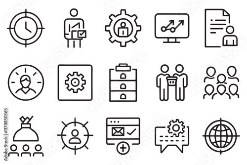 Business, organisation management, planning related editable stroke outline icon set flat vector illustration