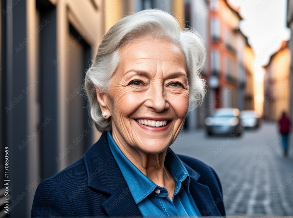 Smiling elderly woman poses on a charming street during golden hour in a picturesque town Smiling elderly woman poses on a charming street during golden hour in a picturesque town