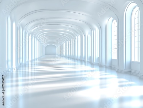 Bright, long white hallway with arched windows.