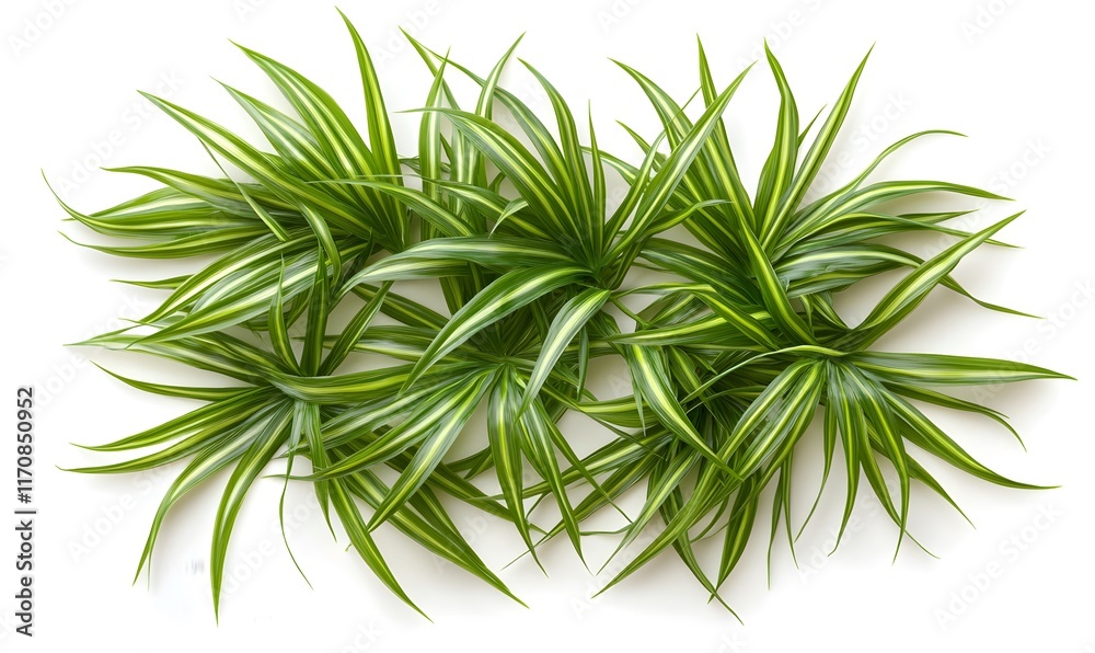 Top view of vibrant green and yellow striped spider plant leaves isolated on white. Top view of vibrant green and yellow striped spider plant leaves isolated on white.