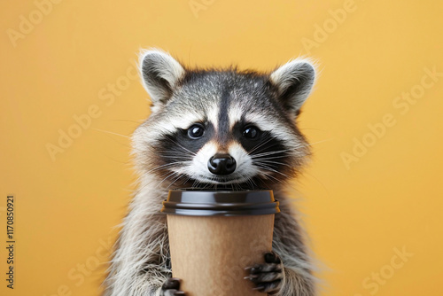A cute raccoon holds a takeaway coffee cup against a bright yellow background, ready for a caffeine boost.