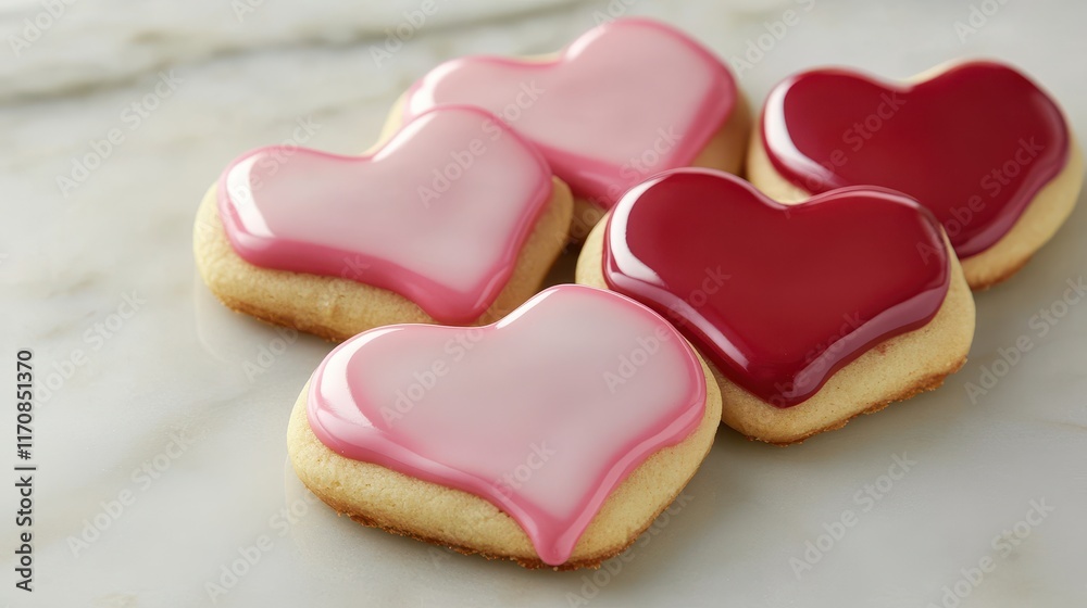 Close-up of heart-shaped cookies with pink and red icing, perfect for Valentine's Day Close-up of heart-shaped cookies with pink and red icing, perfect for Valentine's Day