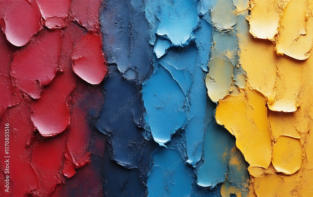 Close-up of textured red, blue, and yellow paint swatches.