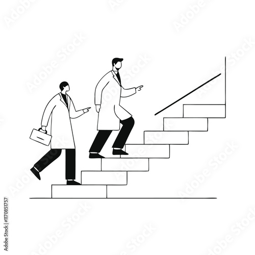  Two professionals in lab coats walking down a staircase, indicating a dynamic and scientific atmosphere Hand drawn Doodle line art flat vector illustration on white background