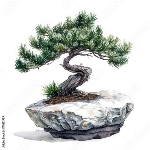 A watercolor vector painting of an Italian Stone Pine Bonsai, isolated on a white background. Italian Stone Pine Bonsai vector.

