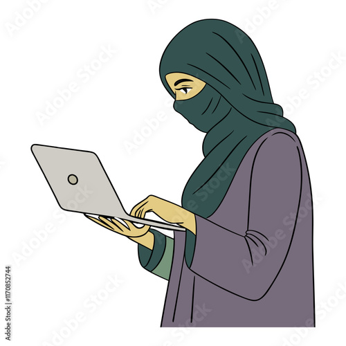 Arab woman in burka working at laptop. Vector cartoon illustration in flat art style