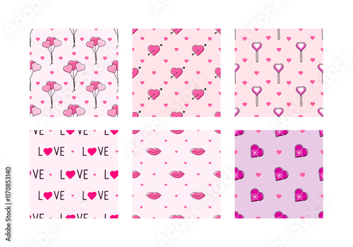 Set of Valentines day, seamless patterns. Lovely heart. Love concept.    Element — hearts, balloons, arrow, gift, lips. Wrapping paper. Decorative elements for children's rooms, Illustrations for chil