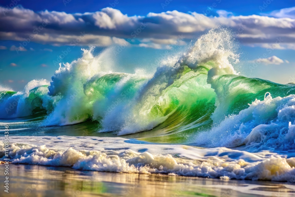 Fototapeta premium Dramatic coastal scene: powerful waves crash, creating white sea foam, a breathtaking spectacle.