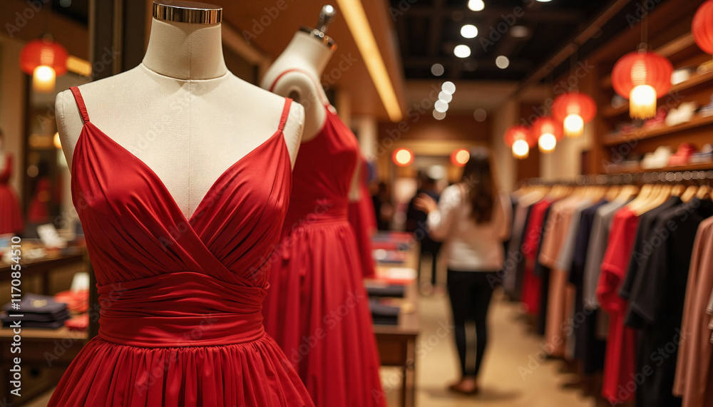 Obraz premium Elegant red gown displayed in fashion boutique during Chinese New Year, celebration