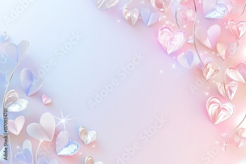 Valentine's Day background. Transparent Lace-Like Glowing Hearts on Soft Pastel Gradient with Sparkles. Romantic Backdrop for Love, Celebrations, and Special Events. AI generated
