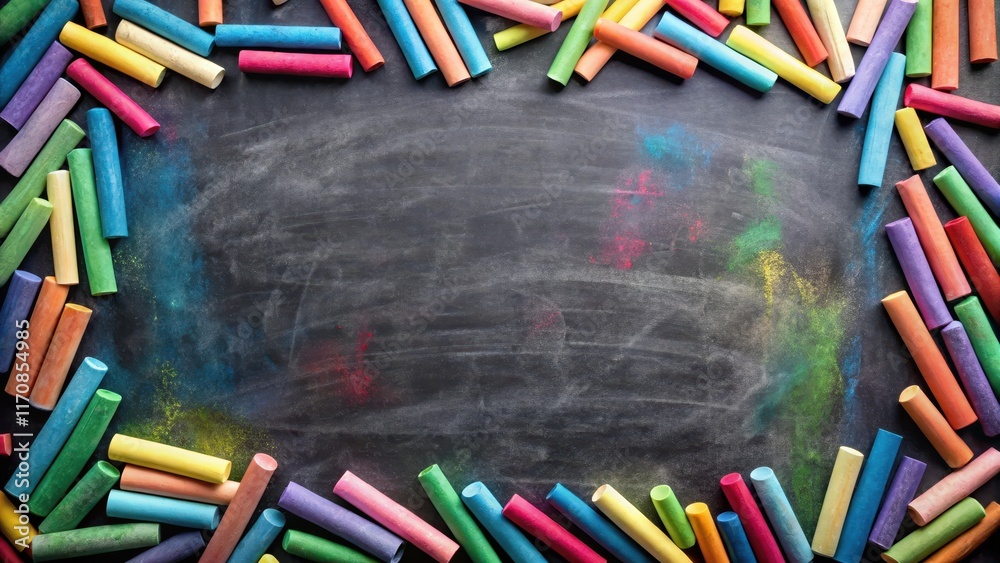 Fototapeta premium A detailed blackboard with vibrant colored chalks scattered all over its surface, creating a visually appealing and creative composition , blackboard, school supplies