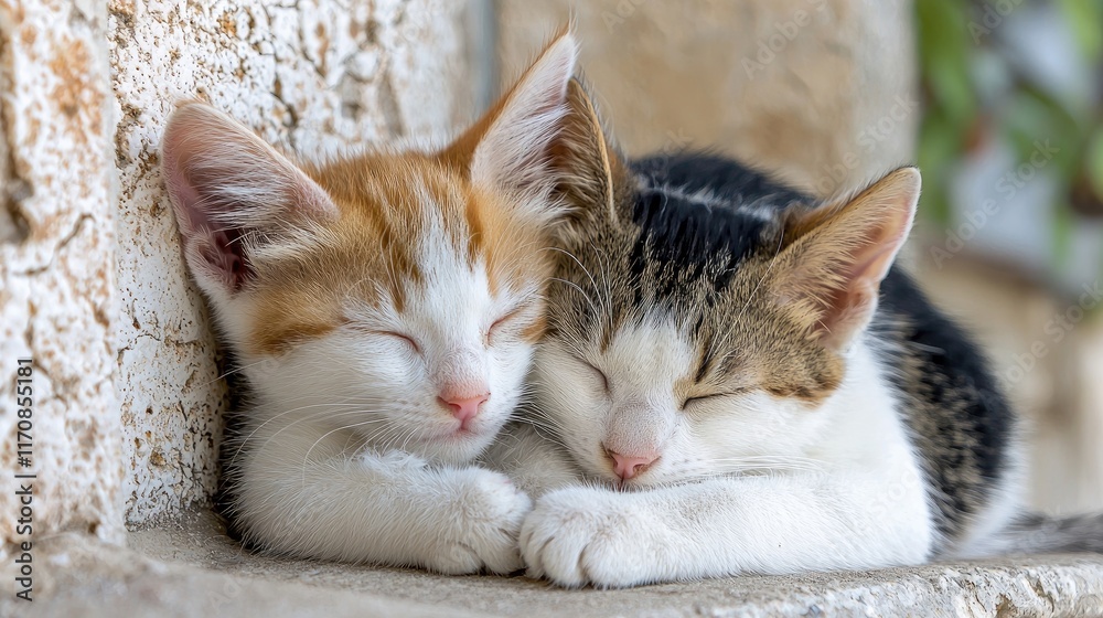 Two adorable kittens sleeping peacefully side by side on a ledge. Two adorable kittens sleeping peacefully side by side on a ledge.