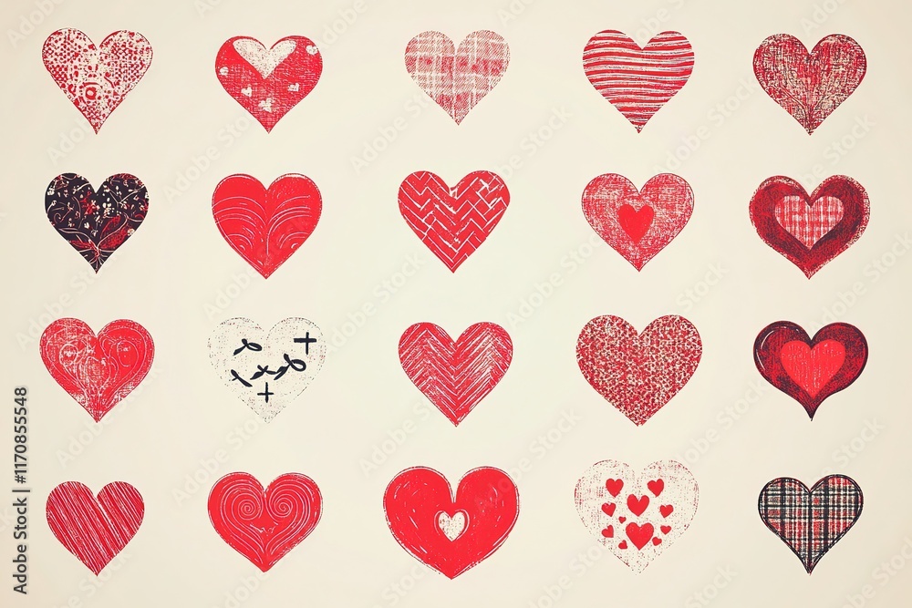 Collection of textured heart shapes on a light beige background. Collection of textured heart shapes on a light beige background.