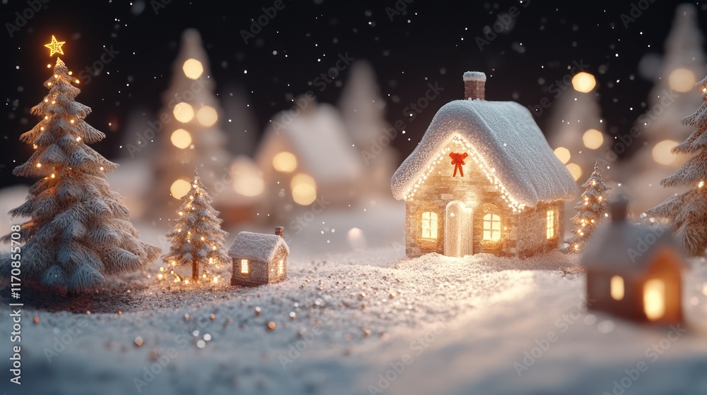 Fototapeta premium Festive snowy village scene with cozy houses and Christmas trees lit by warm lights.