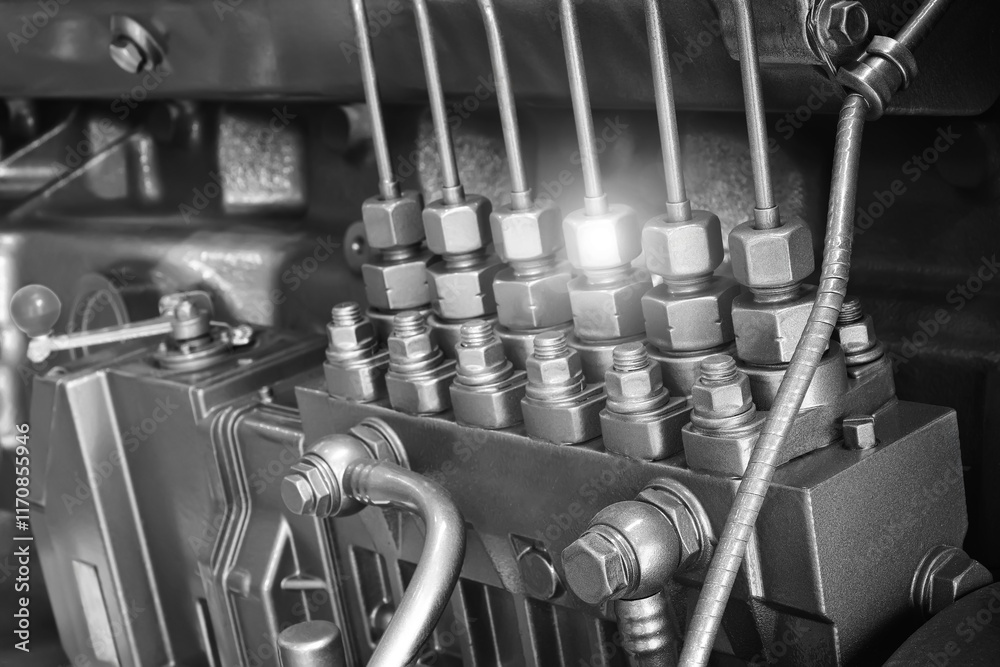 Fototapeta premium Selective on the fuel injection in the the diesel engine. supply system for diesel fuel, clean motor block, diesel engine detail