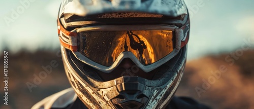 Close-up of motocross rider's helmet and goggles. photo