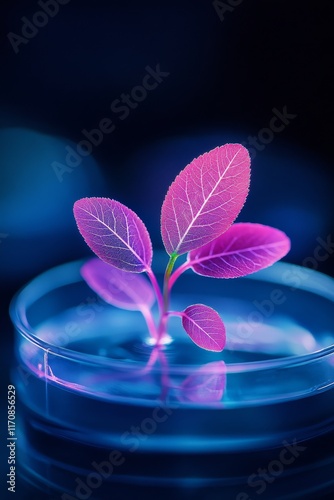 Colorful sprout in a petri dish illuminated by blue light and vibrant hues.