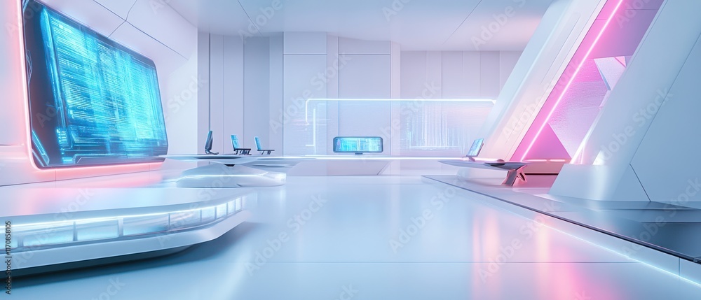 Naklejka premium Futuristic interior design with glowing neon accents.