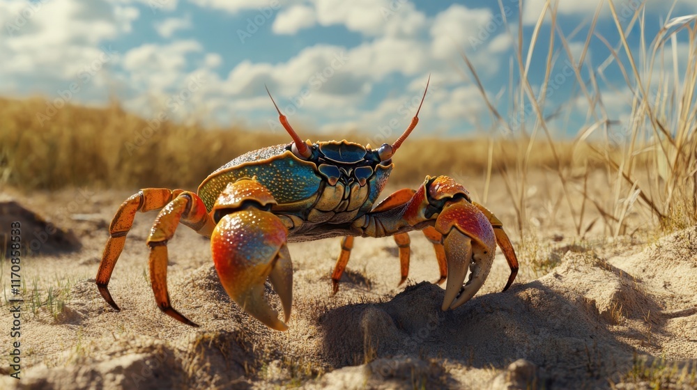 Colorful Crab Walking on Sandy Beach Under Blue Sky with Clouds Colorful Crab Walking on Sandy Beach Under Blue Sky with Clouds