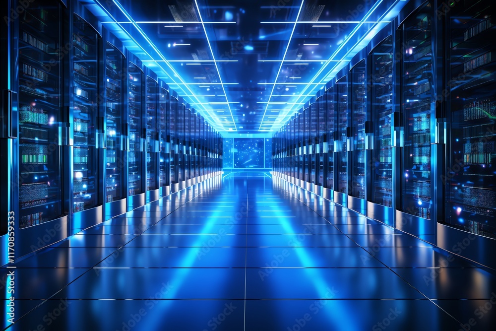 Cyberpunk Server Room: Electric Blue Data Center Corridor Cyberpunk Server Room: Electric Blue Data Center Corridor