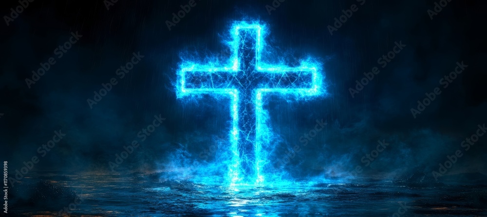 Jesus Cross in electric lighting form. Religion faith worship spirituality concept. Generative AI technology.