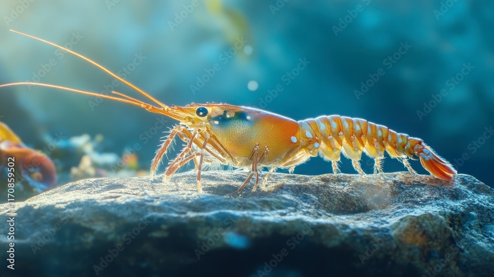 Vibrant Shrimp Crawling on Rock in Underwater Environment Vibrant Shrimp Crawling on Rock in Underwater Environment