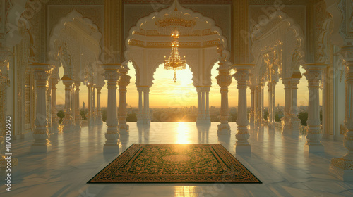 An opulent temple-like interior with influences of Rajasthani royal design, enhanced by emerald green and white tones, bright amber lighting creating dramatic shadows photo