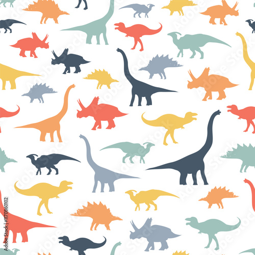 Seamless illustrated pattern with prehistoric colorful dinosaurus on white background