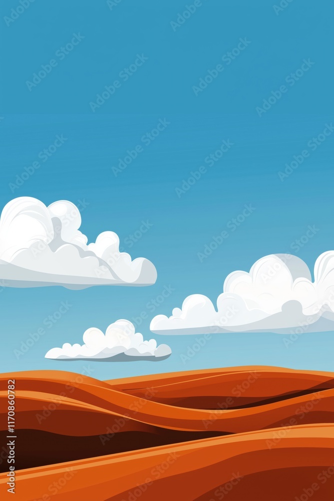 Obraz premium A blue sky with clouds and a desert landscape. The sky is clear and the clouds are scattered throughout the sky. The desert landscape is a vast, sandy area with no trees or other vegetation
