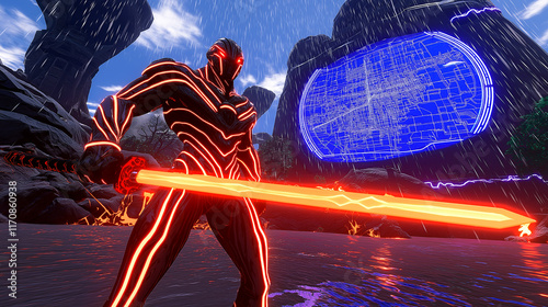 Neon Samurai in a Futuristic Rainy Landscape
