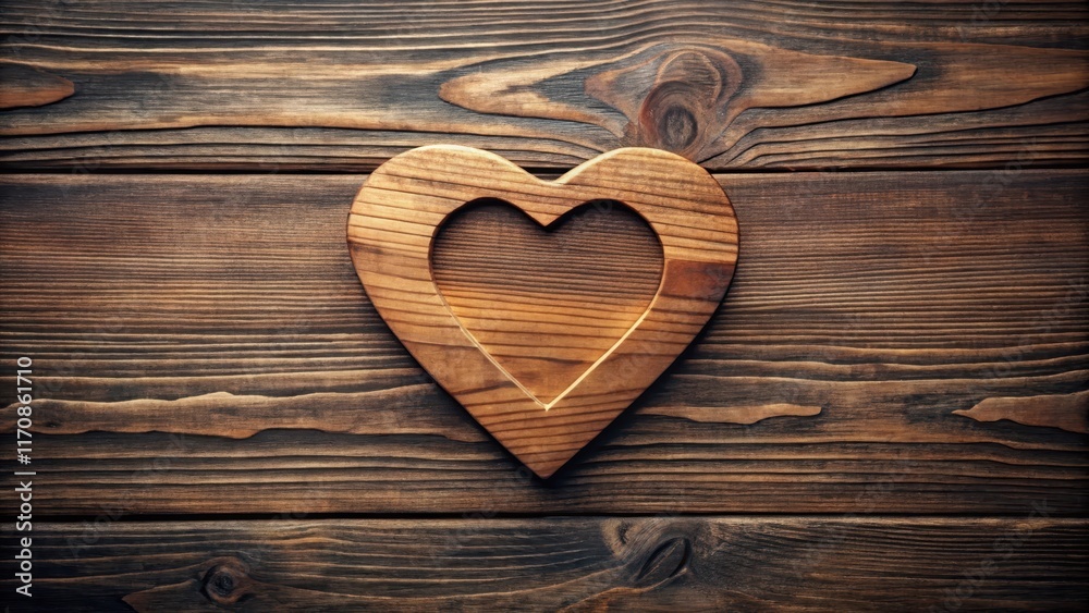 A delicate heart-shaped wooden cutout set against a rich A delicate heart-shaped wooden cutout set against a rich