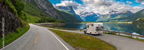 Family vacation travel RV, holiday trip in motorhome, Caravan car Vacation.