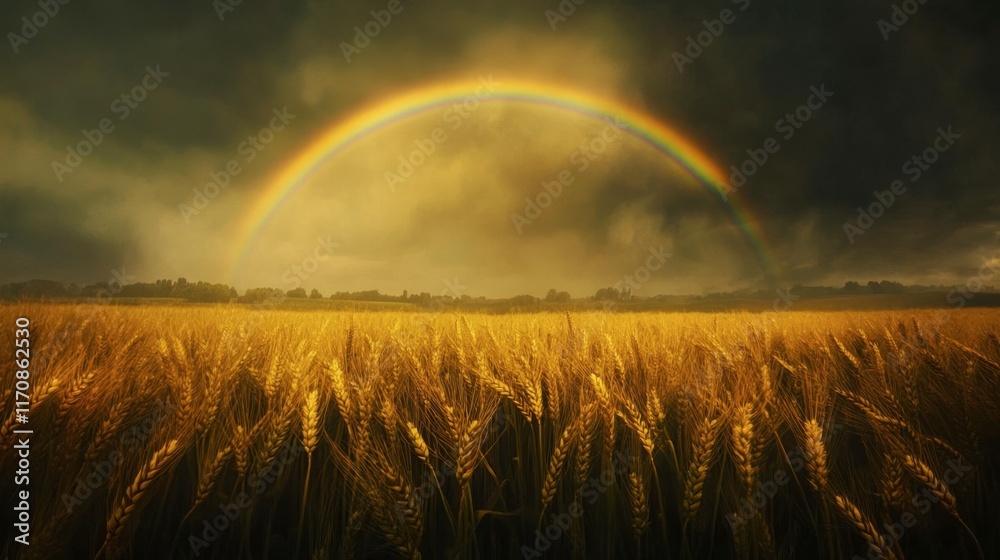Golden Wheat Field Under Dramatic Sky with Rainbow Arching Above Golden Wheat Field Under Dramatic Sky with Rainbow Arching Above