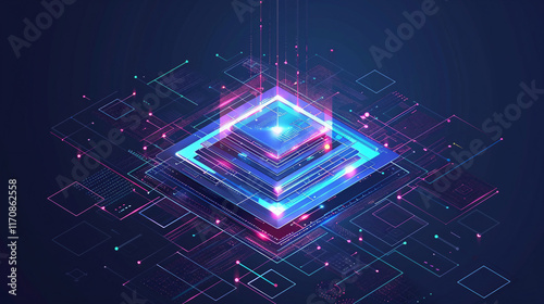 Fototapeta Naklejka Na Ścianę i Meble -  Explore the world of digital geometric shapes with abstract 3d tech elements and modern isometric design, ideal for showcasing futuristic backgrounds and innovative tech concepts in design.