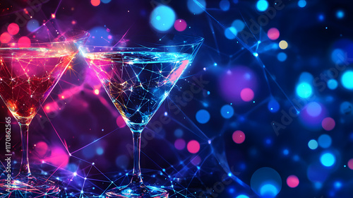 Neon Martini Night: Two vibrant martini glasses glow under neon lights, creating a dazzling cocktail scene perfect for party invitations, bar menus, or any project needing a touch of nightlife energy.