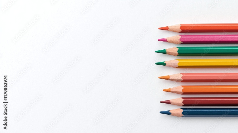 Colorful pencils arranged on white background, copy space. Colorful pencils arranged on white background, copy space.