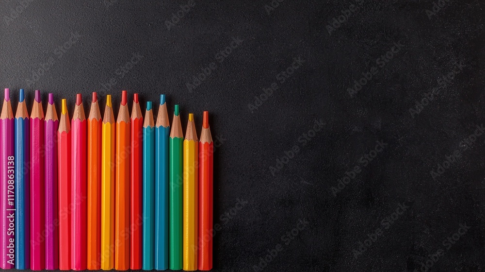 Colorful pencils arranged on black background. (3)