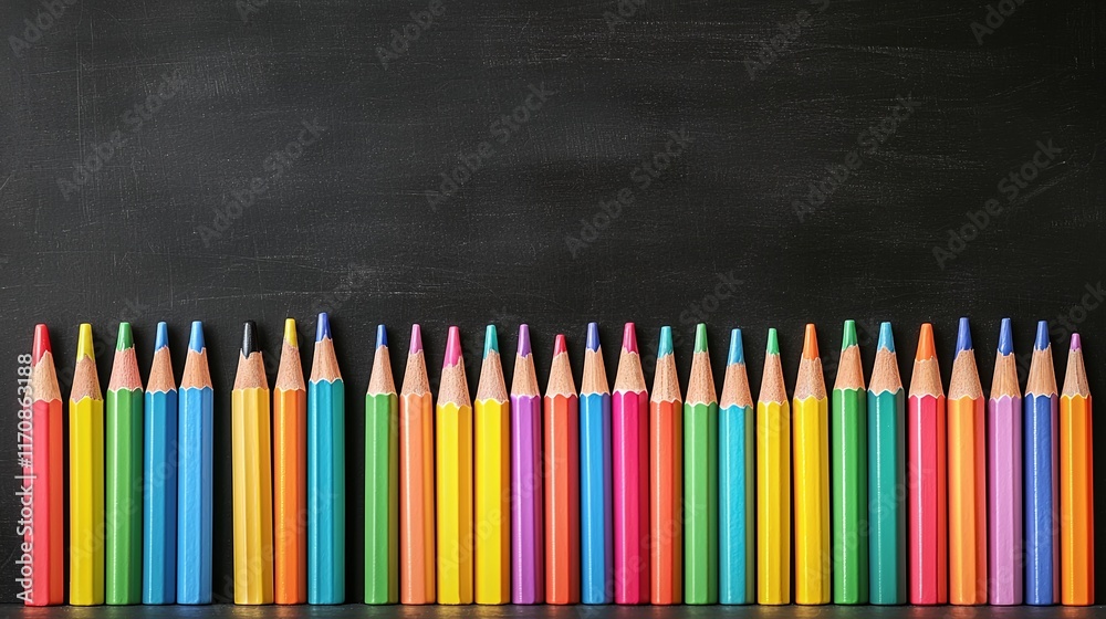 Colorful pencils arranged on a blackboard. Colorful pencils arranged on a blackboard.