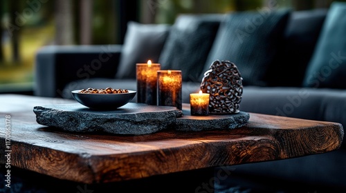 This artistic still-life showcases a beautifully arranged tabletop with candles, decorative stones, and wooden elements, creating a calm and sophisticated ambiance.