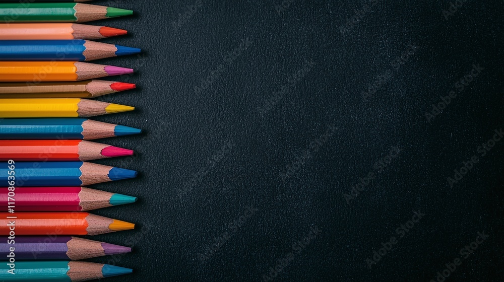 Colorful pencils arranged on a dark background, leaving ample copy space. Colorful pencils arranged on a dark background, leaving ample copy space.