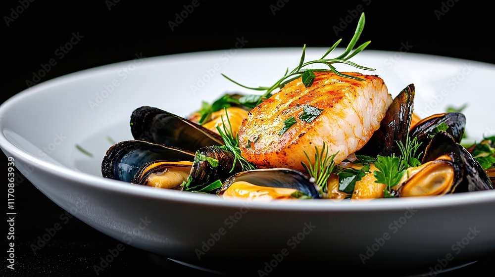 Close-up of pan-seared scallops and mussels in a white bowl, garnished with herbs. Close-up of pan-seared scallops and mussels in a white bowl, garnished with herbs.