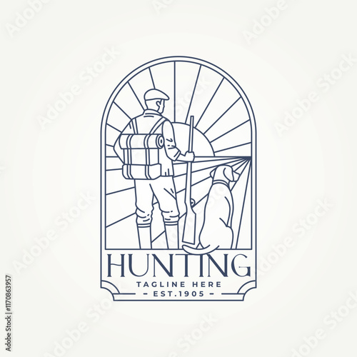 minimalist hunter with a dog line art icon badge logo vector illustration design. simple modern bird hunter club emblem logo concept